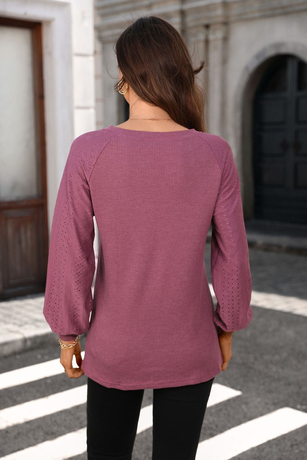 Solid Patchwork Long Sleeve Top Loose Fit Casual Blouse