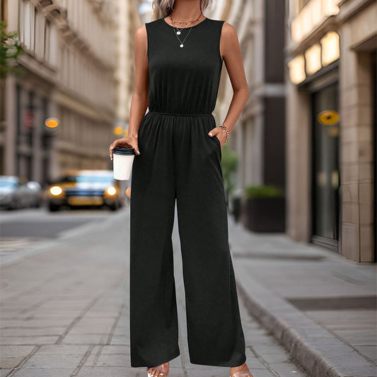 Women's Sleeveless High Waist Elastic Waist One-piece Straight Pants