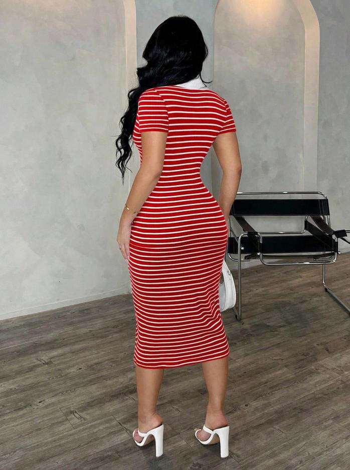 Striped Polo Collar Bodycon Midi Dress Short Sleeve Casual  Wear