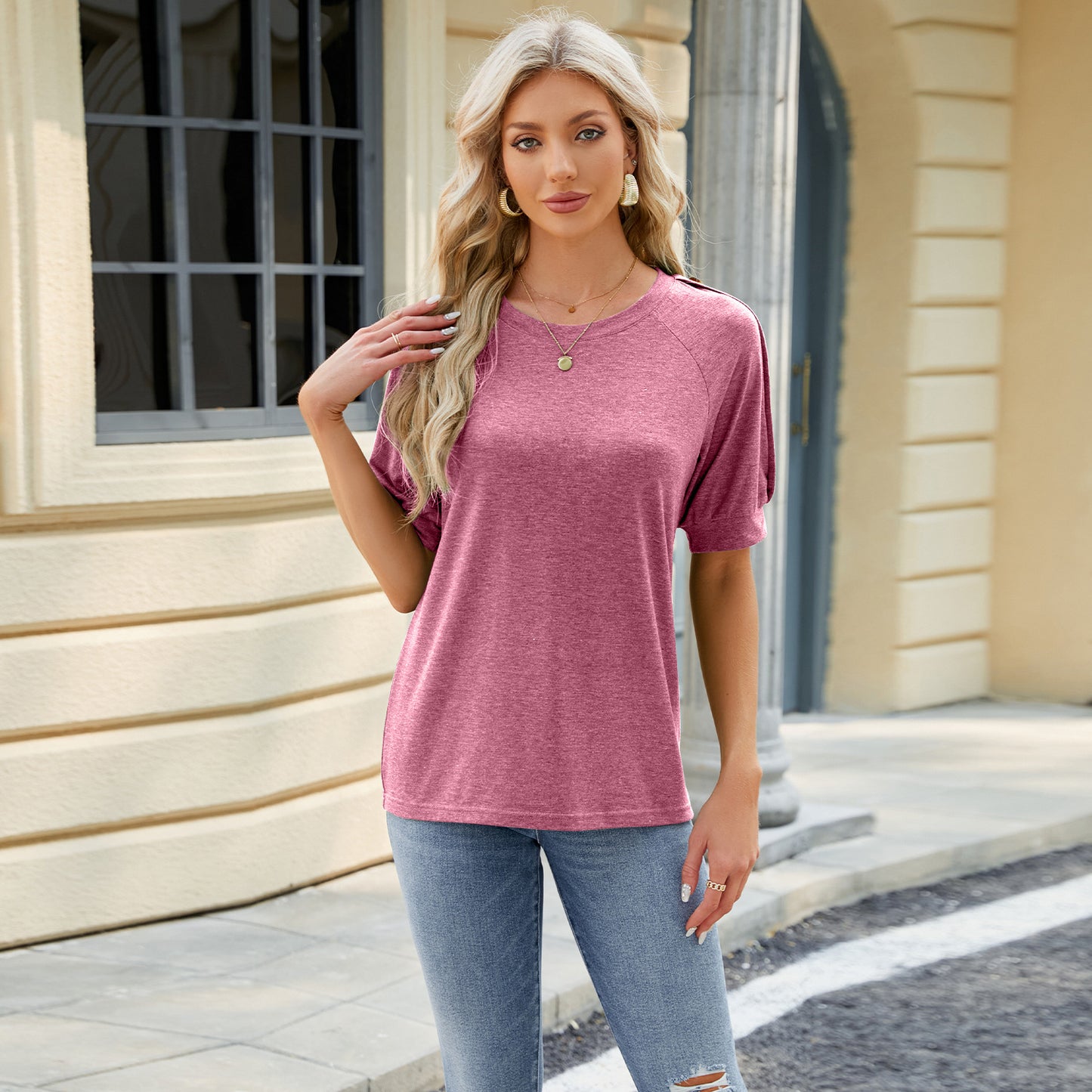 Solid Cotton Blend Tee Casual Boutique Button Sleeve