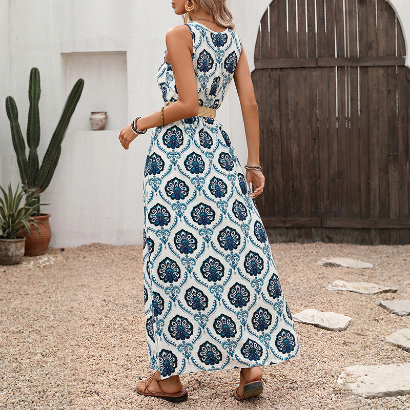 Boho Print V Neck Sleeveless Belted Slit Maxi Dress