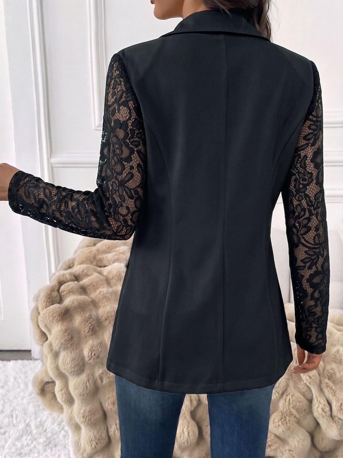 Womens Lace Sleeve One Button Fitted Blazer