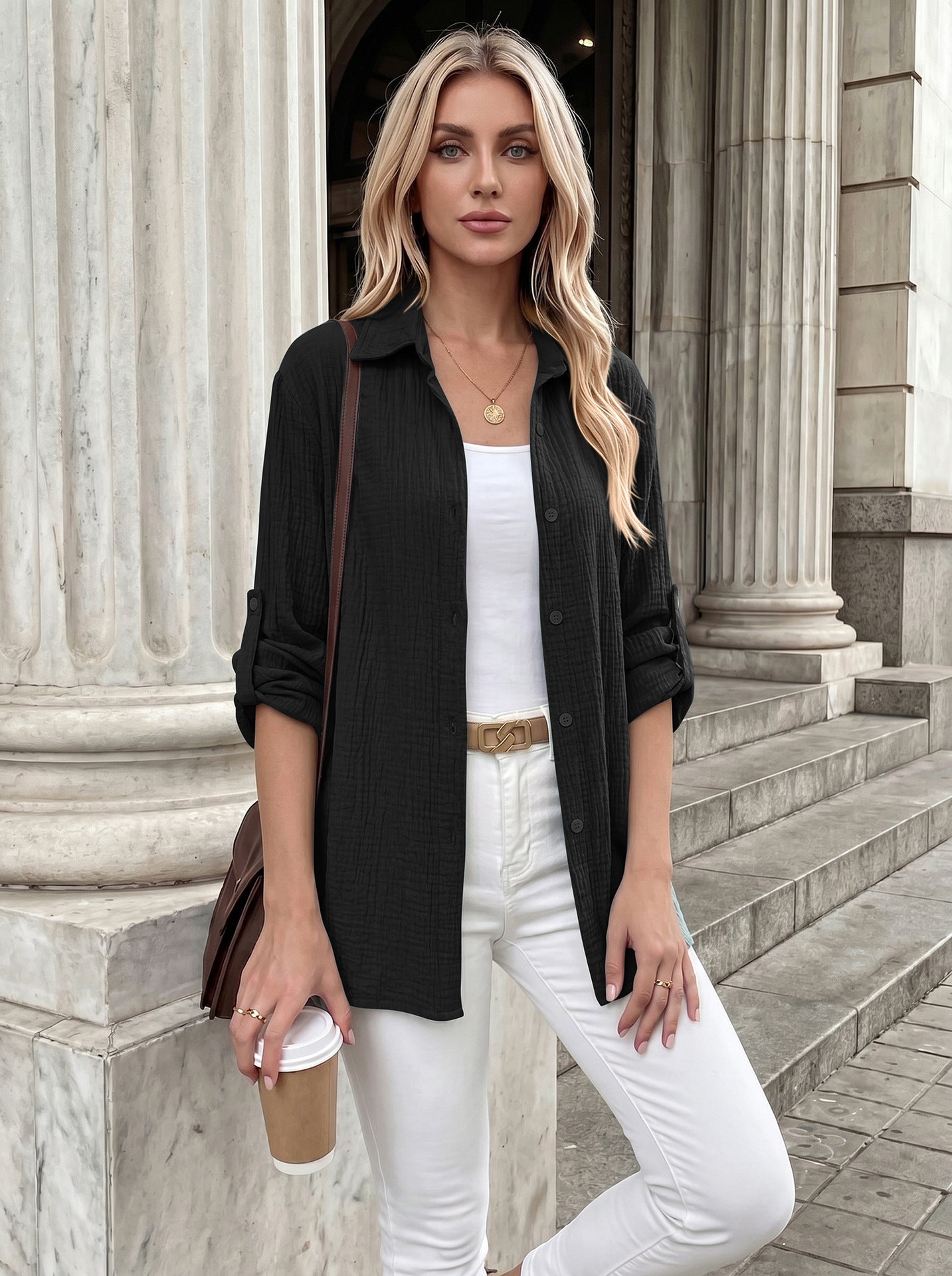 Textured Button Up Long Sleeve Shirt Jacket