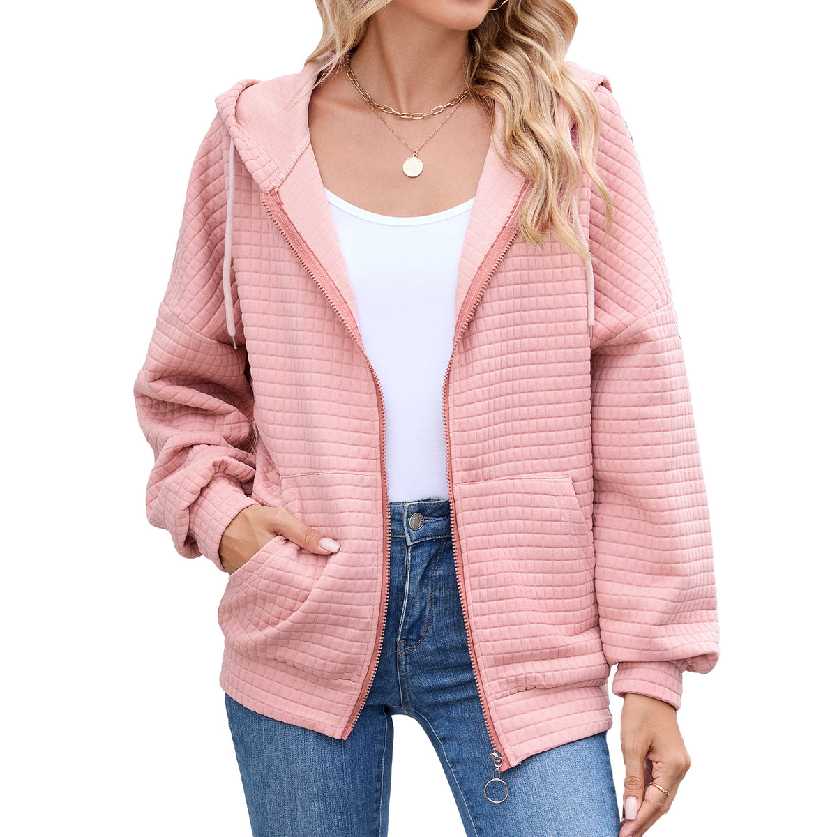 Women's Oversized Quilted Zip-Up Hoodie Jacket Pockets