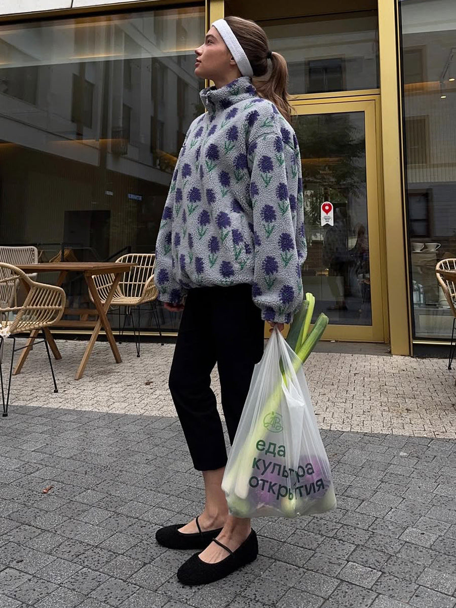 Floral Sherpa Fleece Half-Zip Pullover, Oversized
