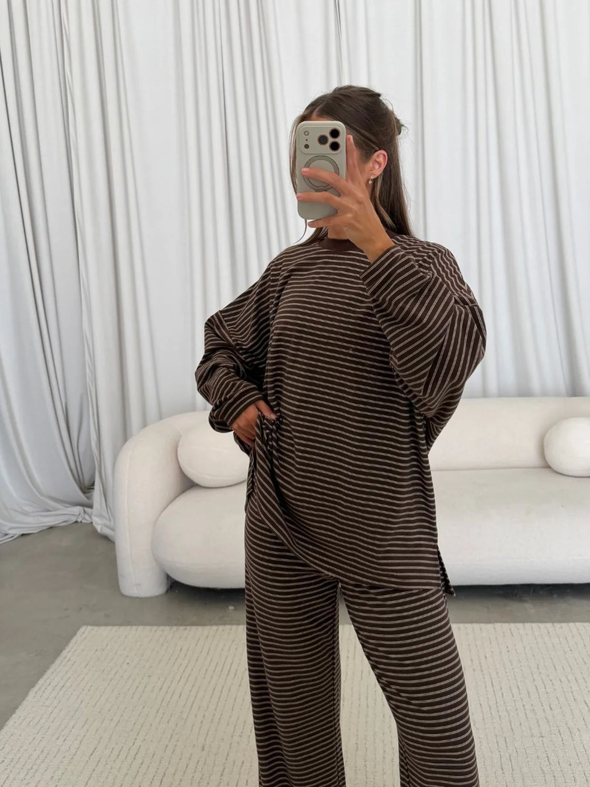 Women's Oversized Striped Knit Two Piece Lounge Set