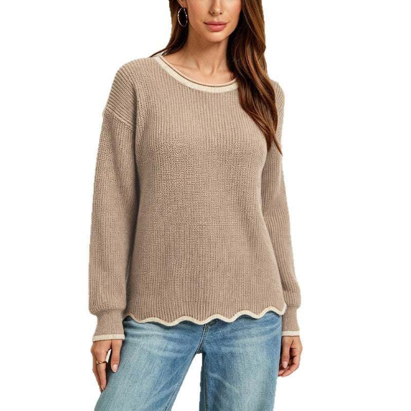 Women's Scalloped Hem Contrast Trim Pullover Sweater