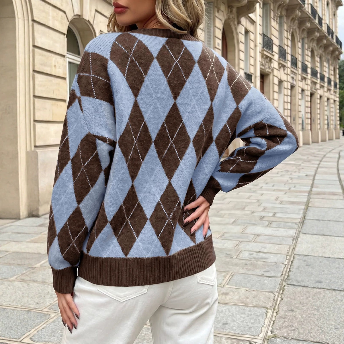 Women's Oversized Argyle Colorblock Crewneck Sweater