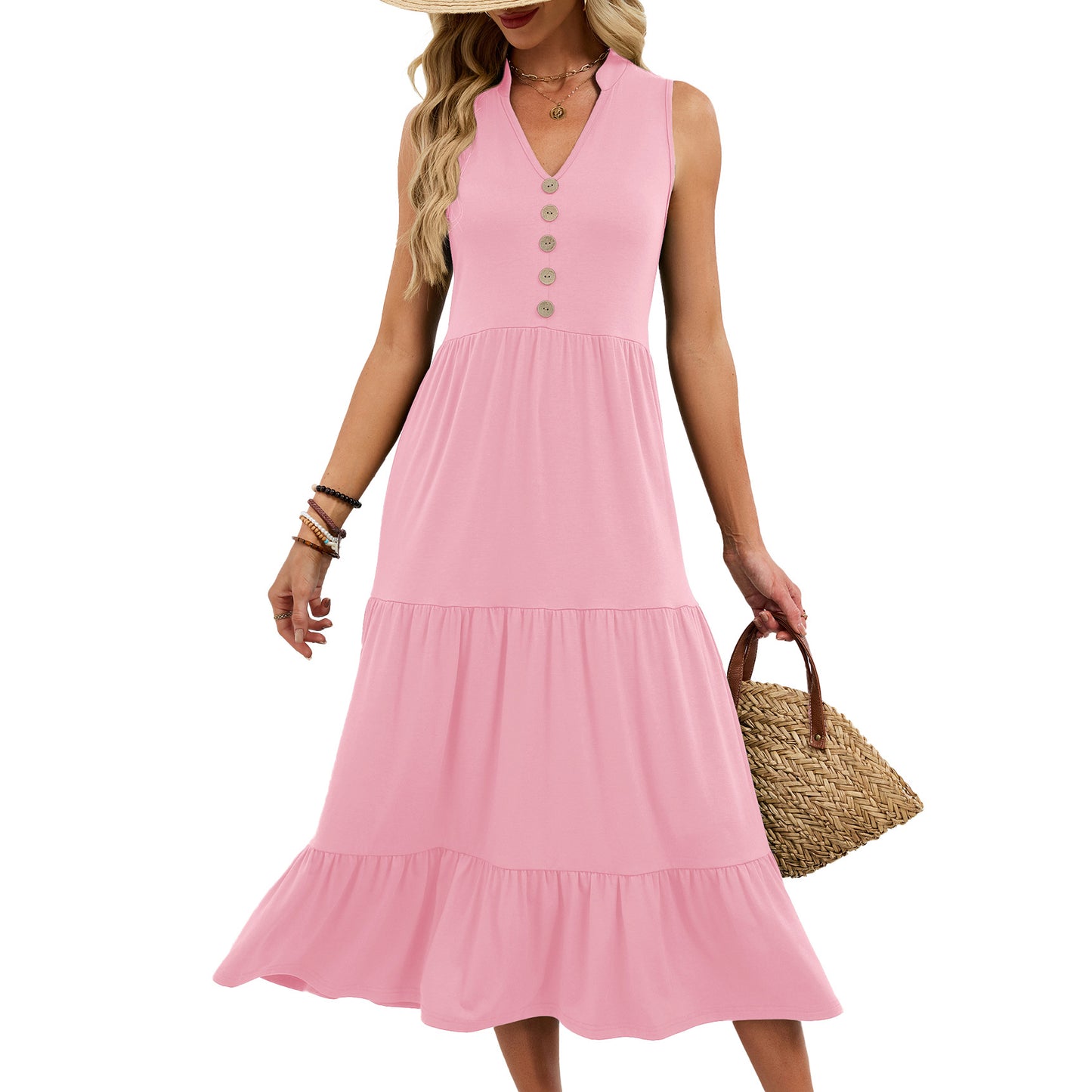 Sleeveless V Neck Button Tiered Midi Dress Casual