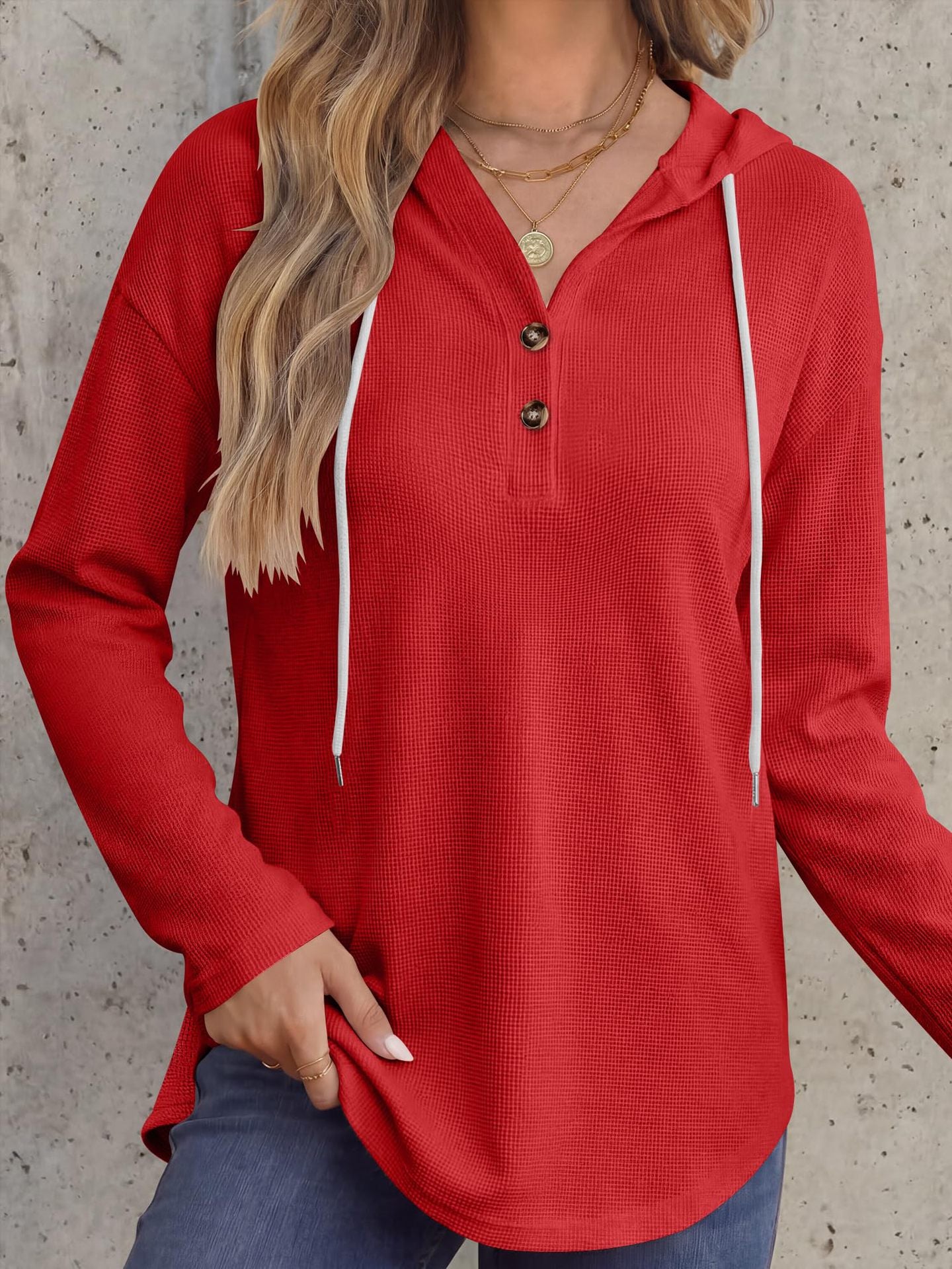 Solid Waffle Hoodie Pullover Casual Button Long Sleeve