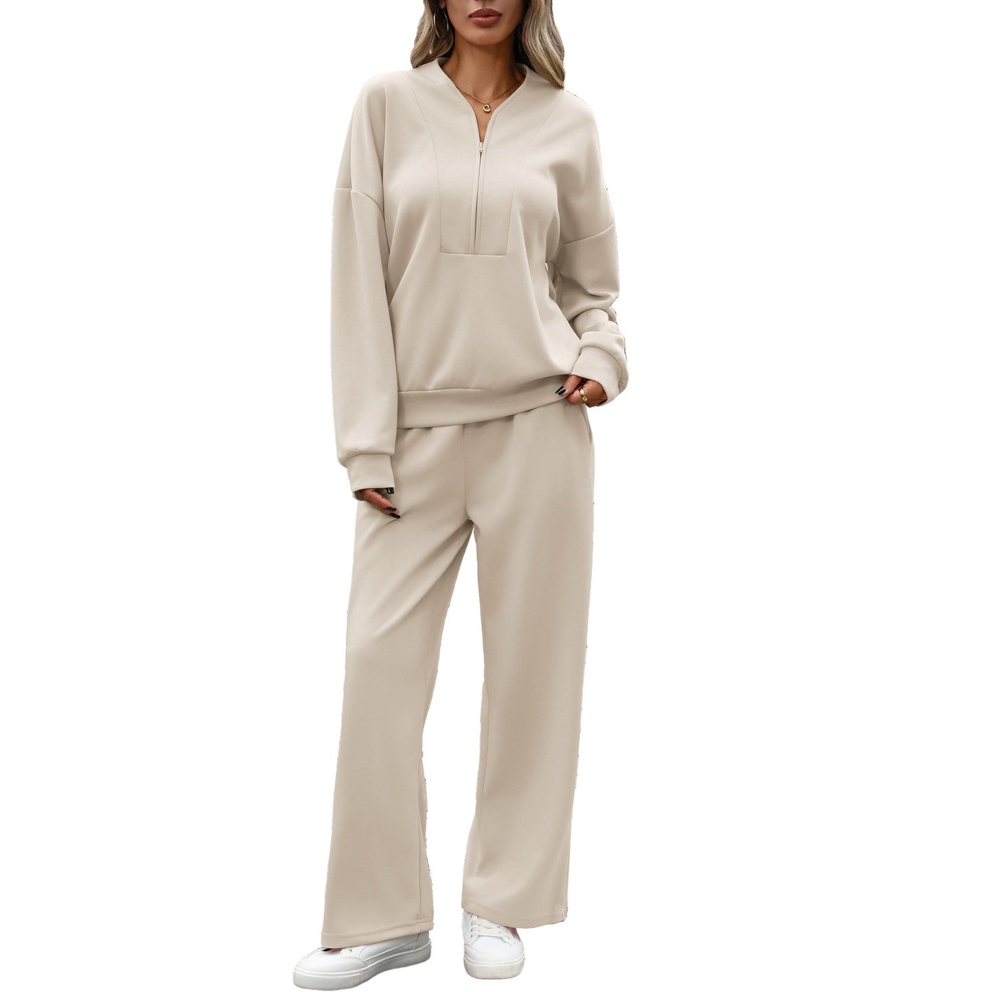 Women's Quarter Zip Sweatshirt Wide Leg Pants Lounge Set