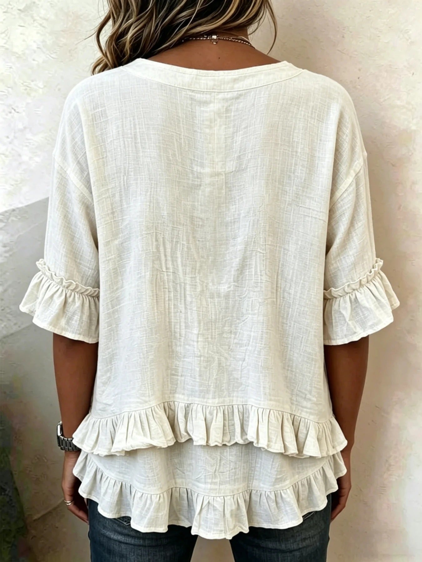 Ruffle Hem V-Neck Blouse with Short Flounce Sleeves