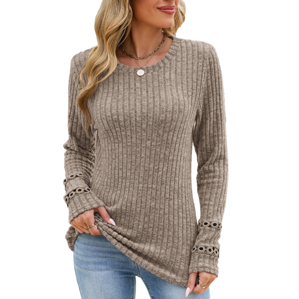 Women's Eyelet Cuff Ribbed Tunic Top Long Sleeve Loose Fit