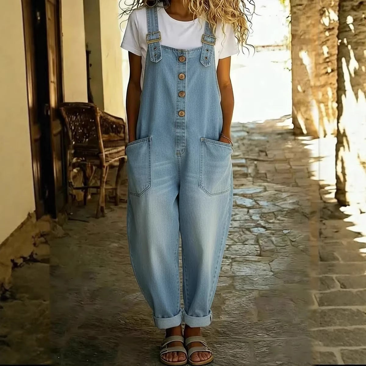 Washed Denim Overalls Adjustable Strap Relaxed Fit