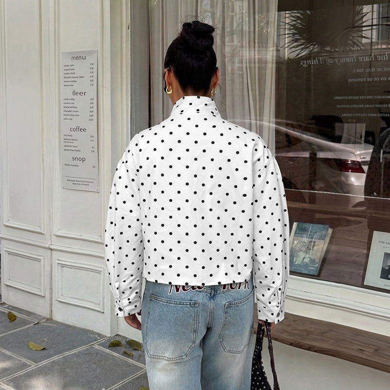 Polka Dot Cropped Zip Up Collared Jacket
