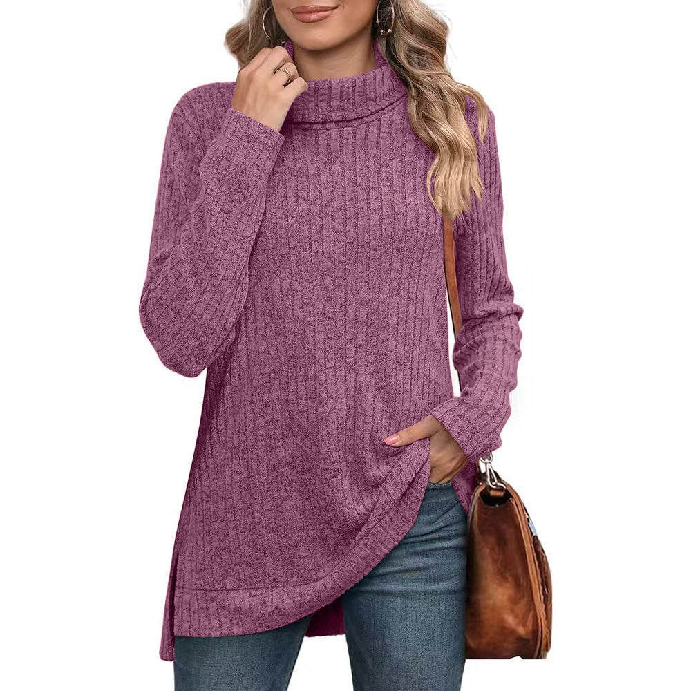 Women's Oversized Ribbed Turtleneck Long Sleeve Slit Tunic