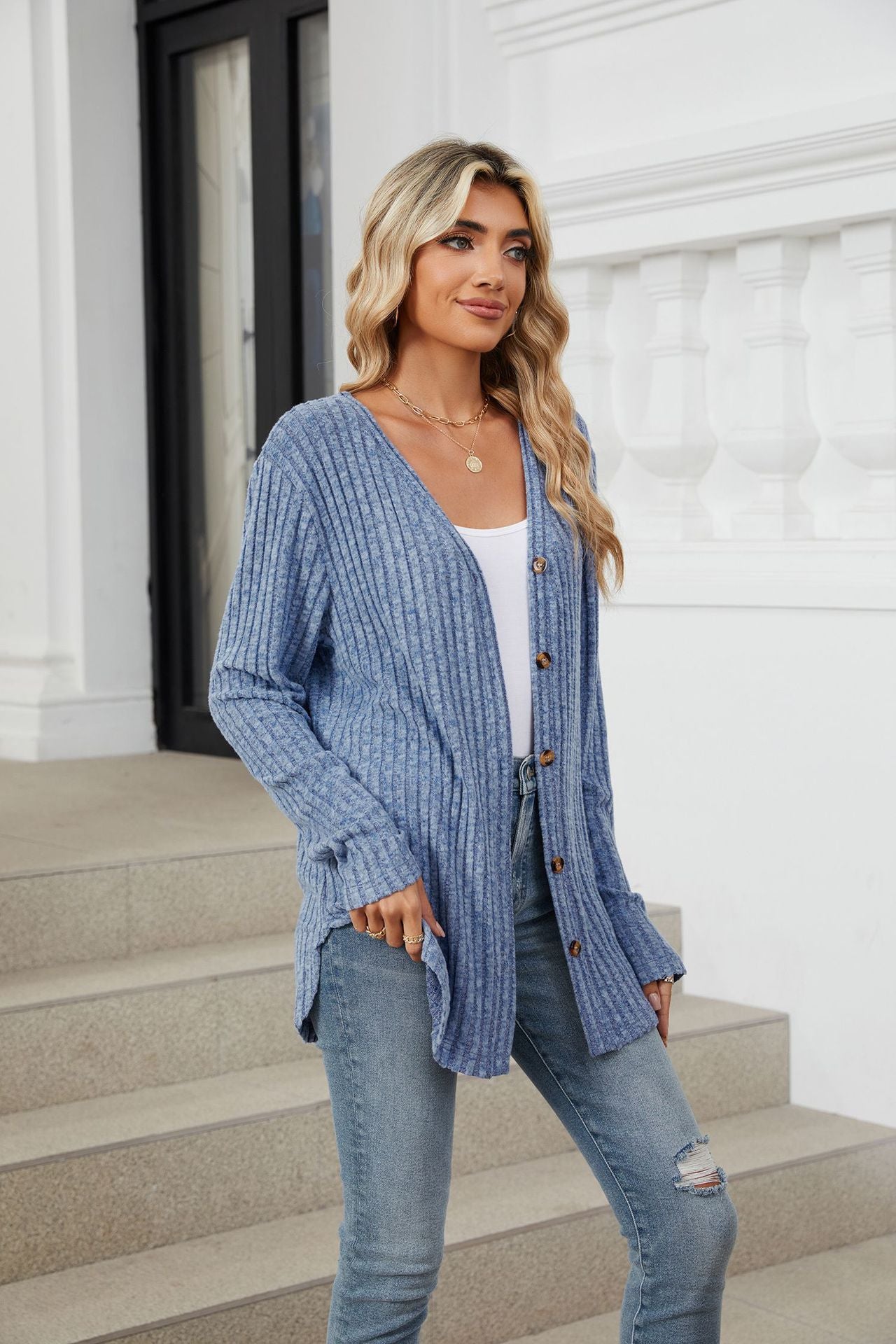 Solid Color Long Sleeve Button Cardigan Knitted