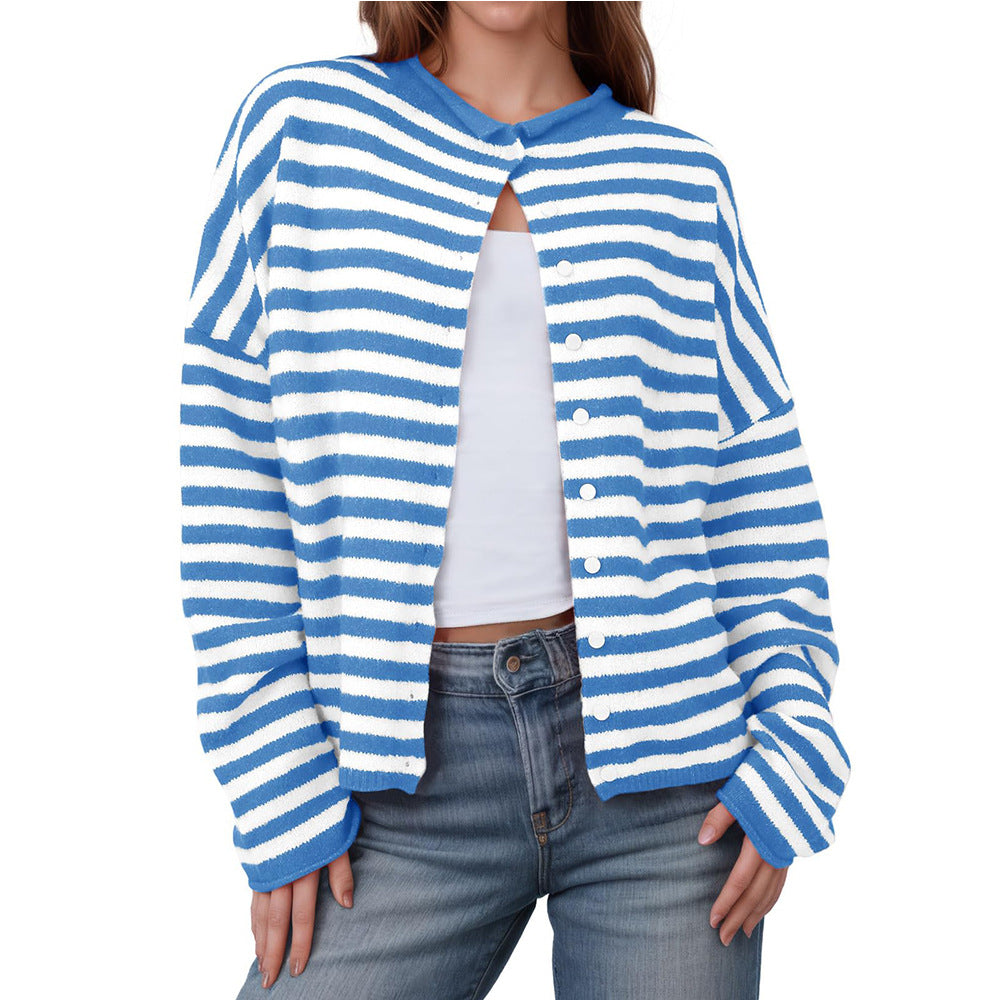 Striped Colorblock Knit Cardigan Long Sleeve Casual Jacket