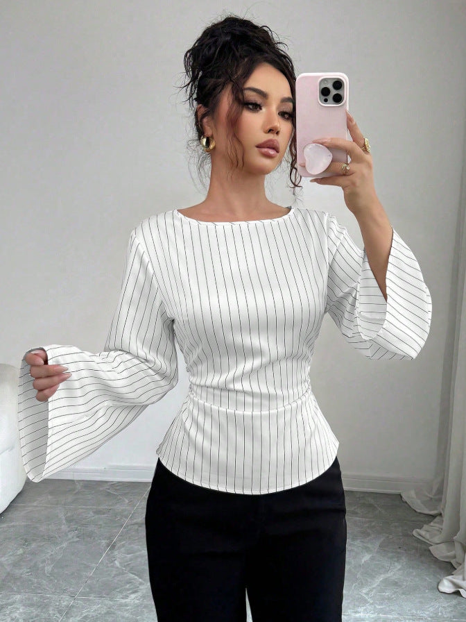 Women's Striped Bell Sleeve Tie Waist Blouse