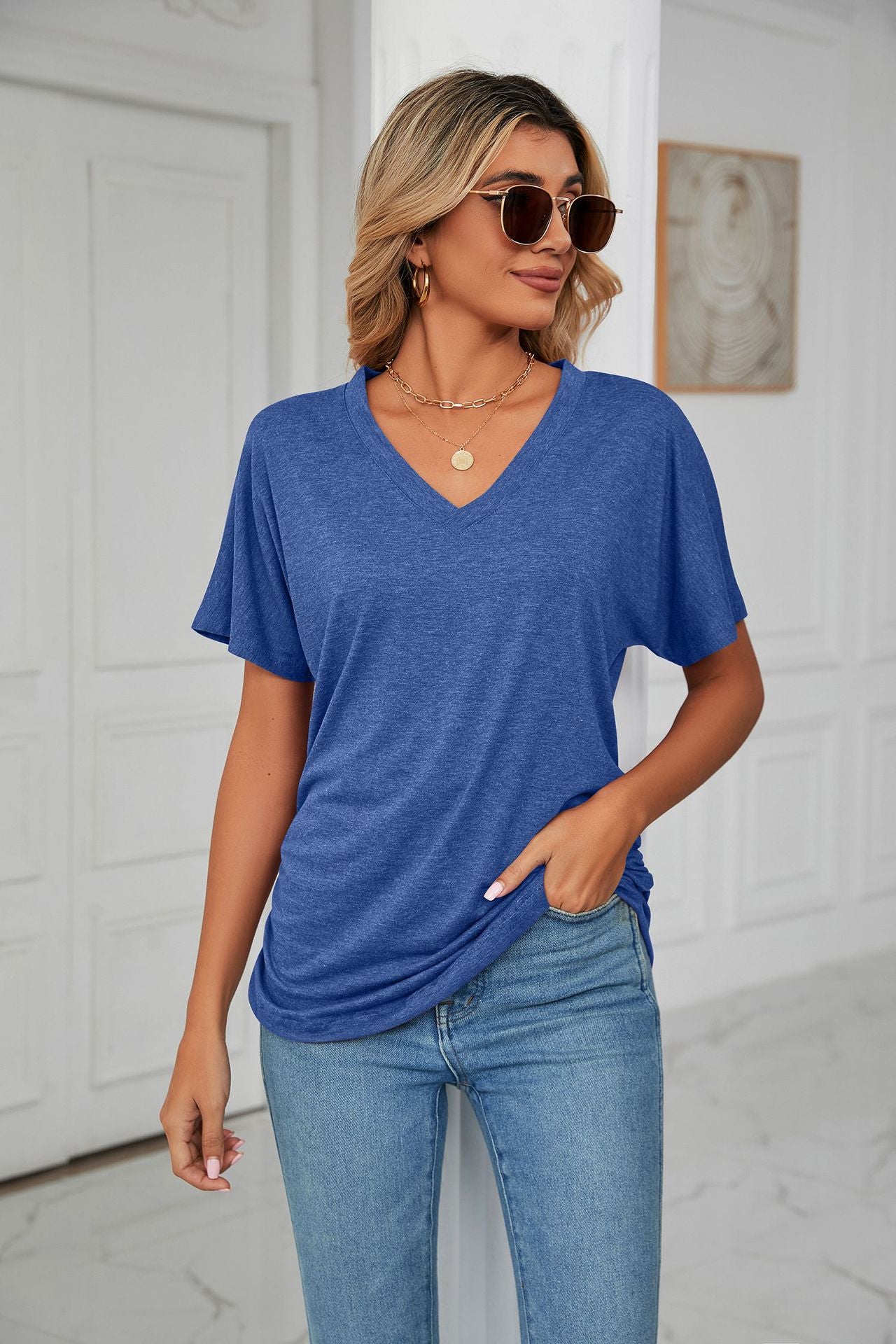 Basic V Neck Short Sleeve T Shirt Women Soft Loose Fit Casual Everyday Essential Top
