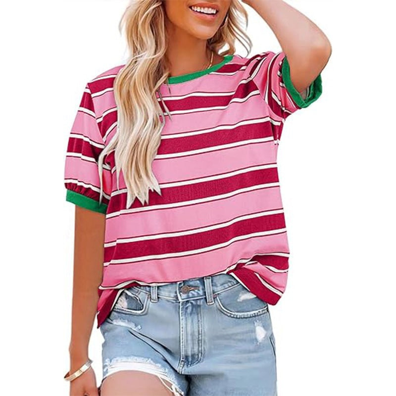 Striped Color Block Short Sleeve Casual Summer Tee