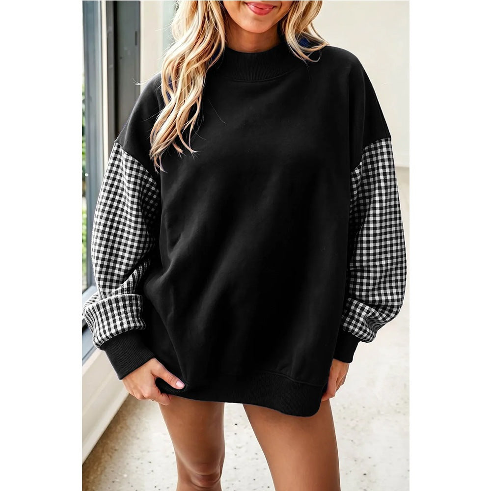 Oversized Mock Neck Plaid Sleeve Fleece Sweatshirt