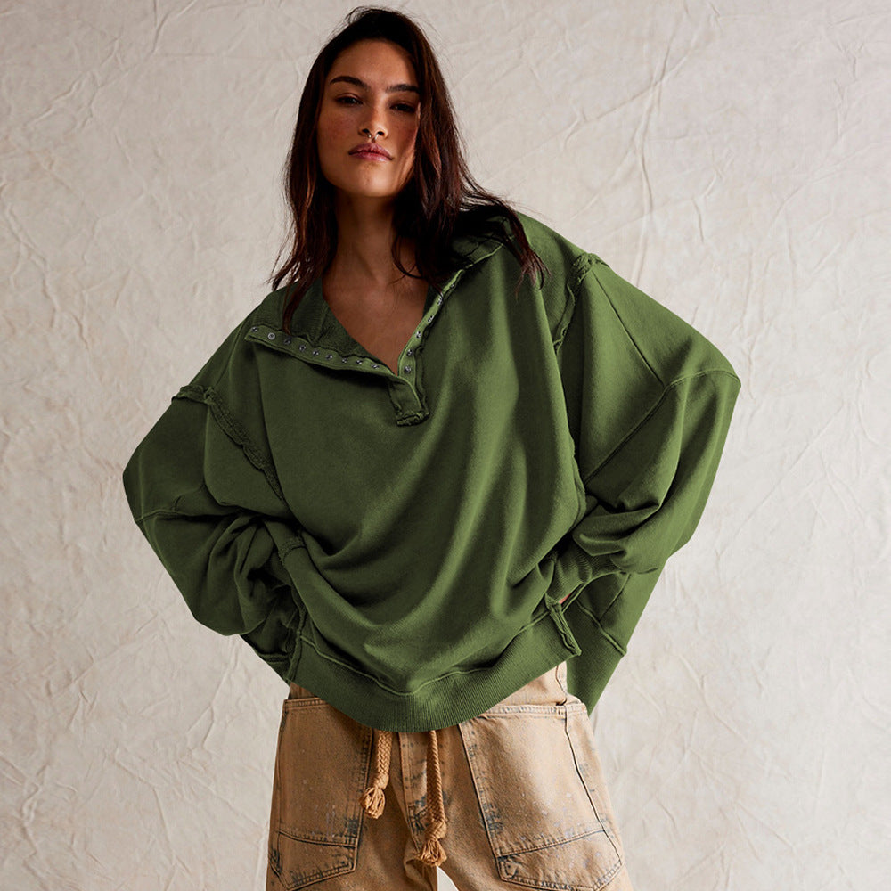 Oversized Collared Balloon Sleeve Split Hem Sweatshirt