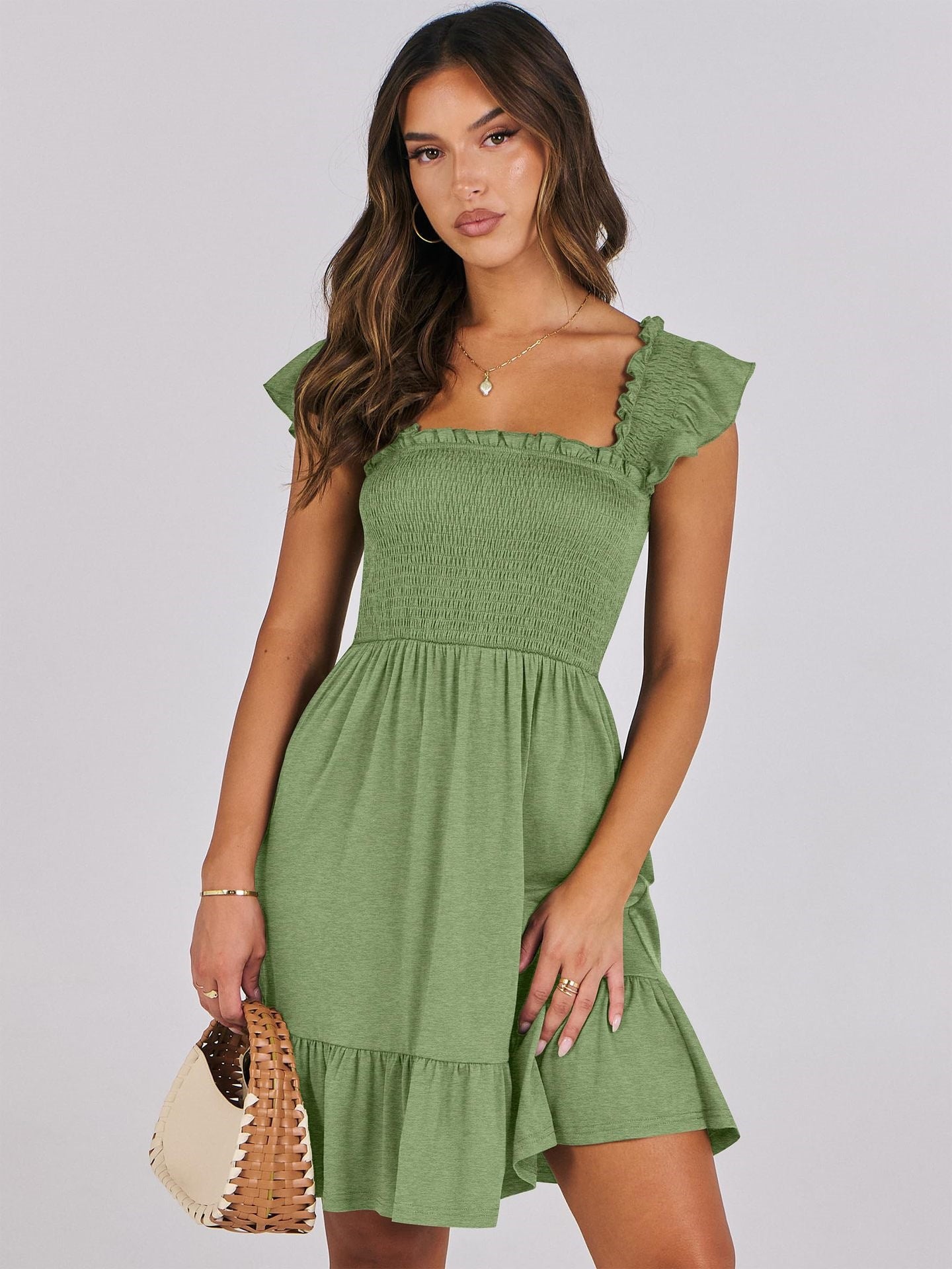 Women’s Smocked Square Neck Ruffle Sleeve Mini Dress Casual Summer Flowy A Line Dress