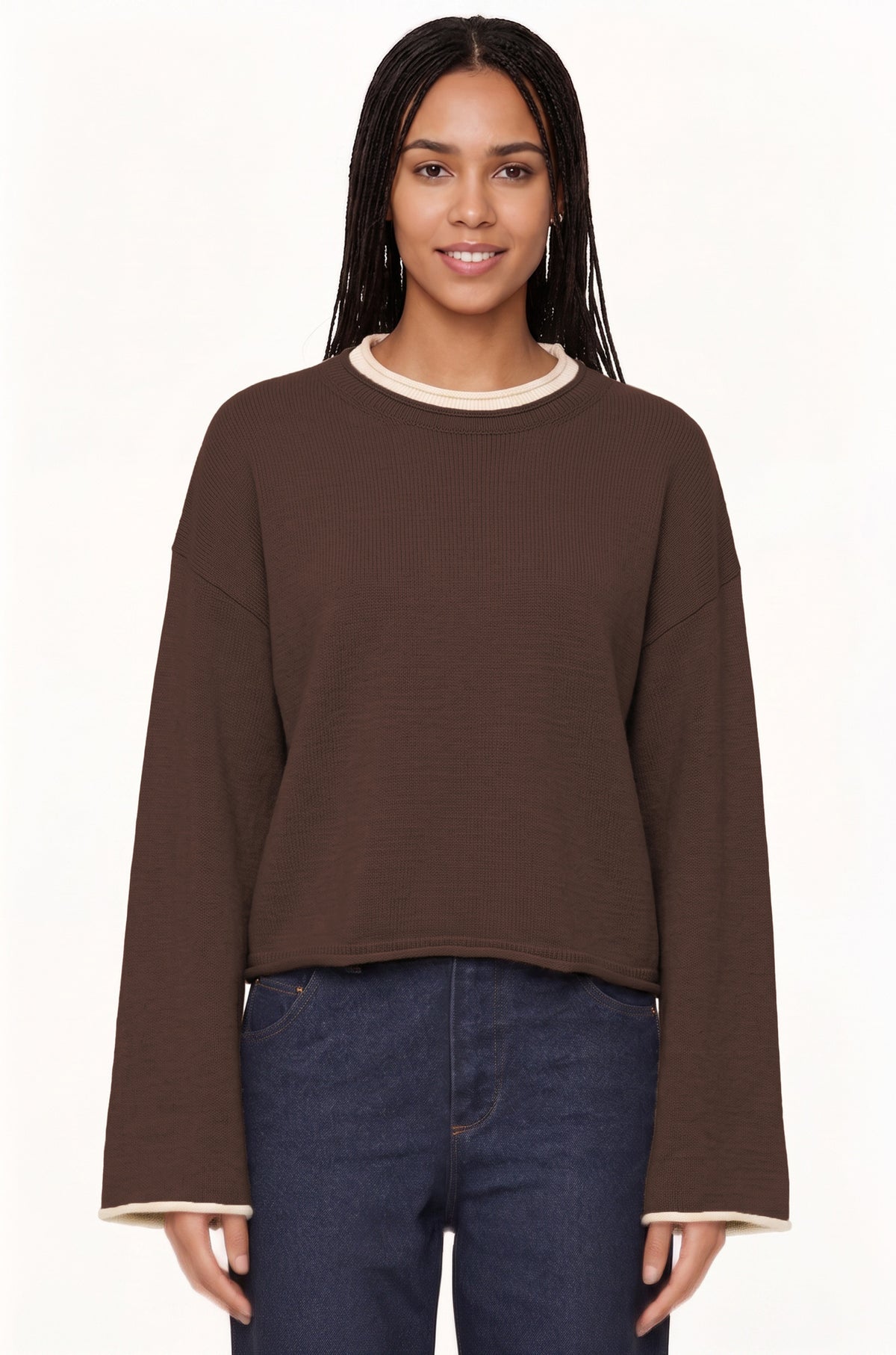 Women's Oversized Crewneck Contrast Trim Sweater
