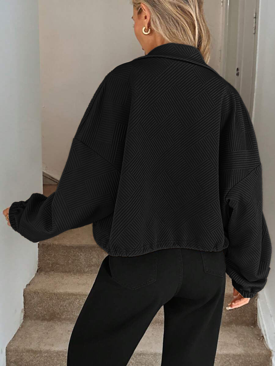 Textured Polyester Jacket Casual Bomber Oversized Zip Up