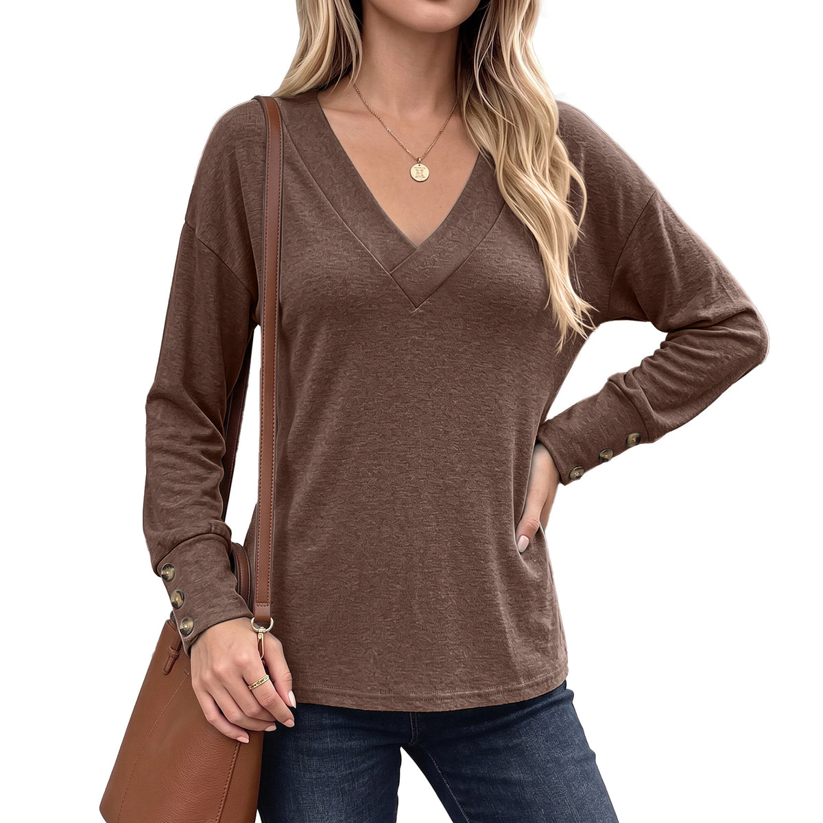 Womens V Neck Long Sleeve Button Cuff Loose Tunic Top