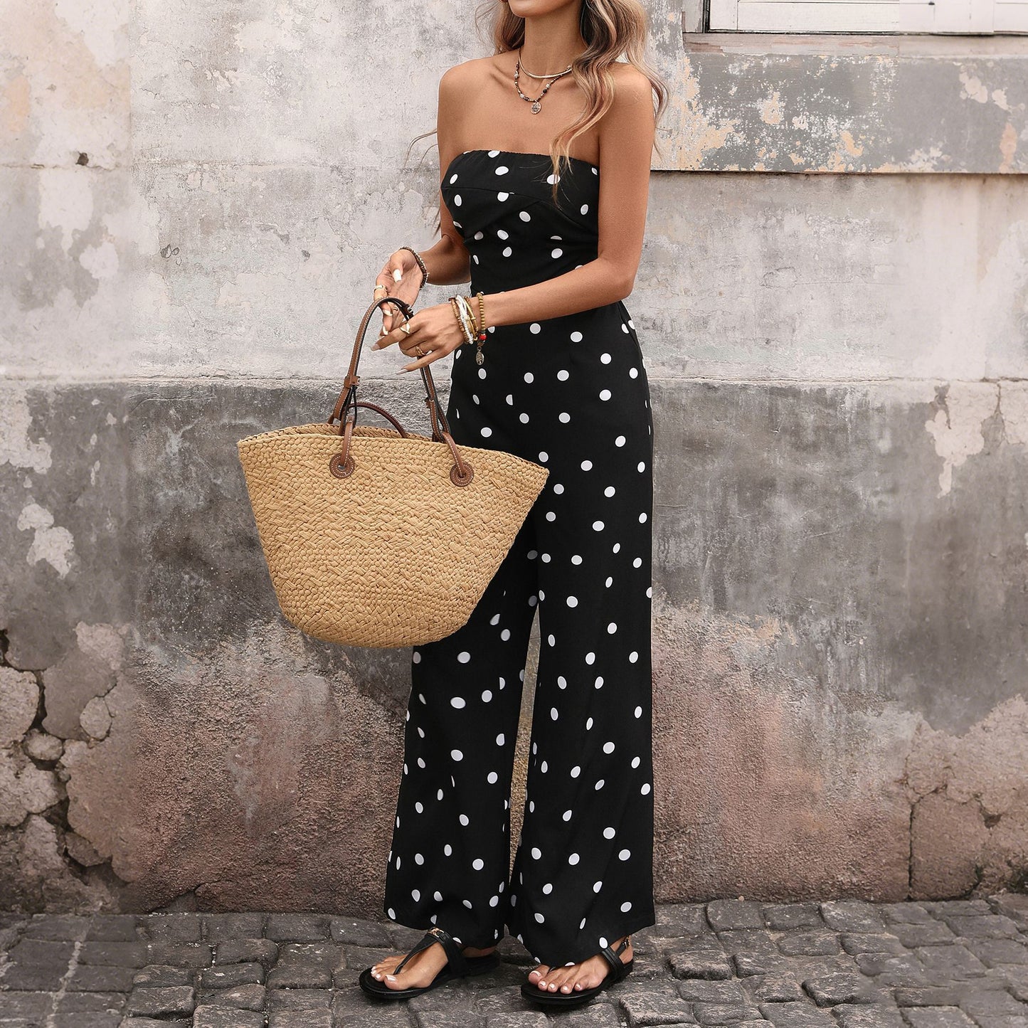 Women's Strapless Polka Dot Wide Leg Jumpsuit