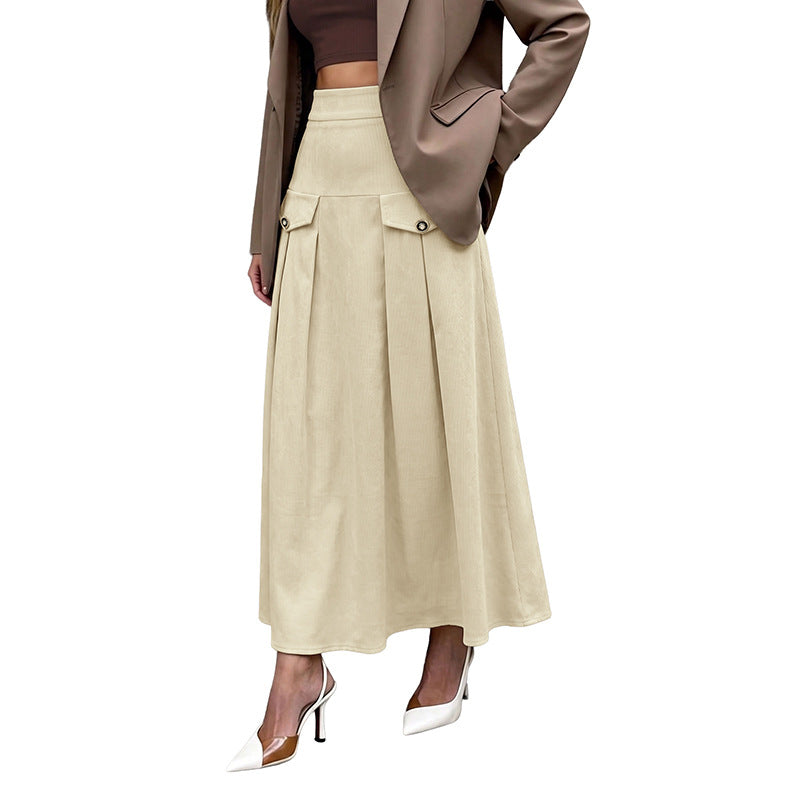 Women's Corduroy High Waist Pleated Midi A-Line Skirt