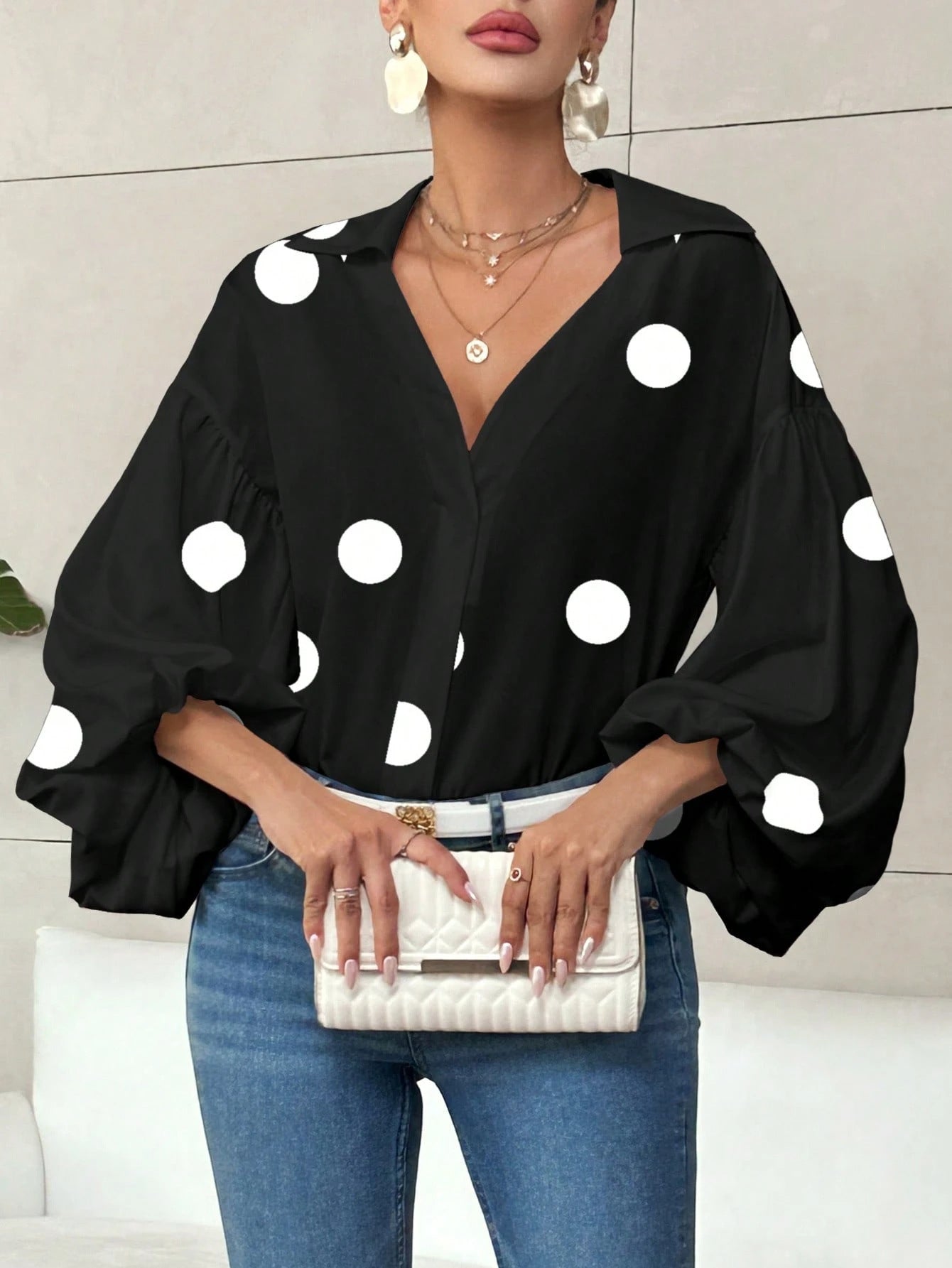 French Polka Dot Half-Open Collar Puff Sleeve Top
