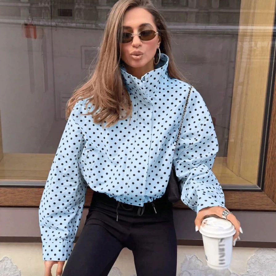 Women's Polka Dot Zip Jacket Stand Collar Casual Streetwear