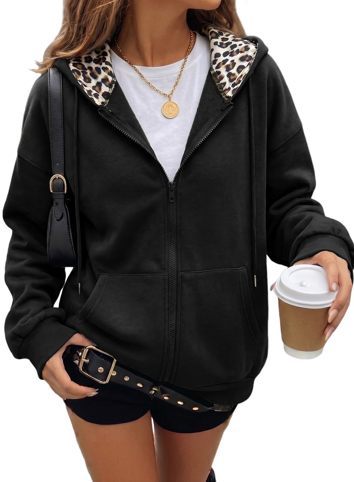 Women's Oversized Leopard Zip Up Hoodie