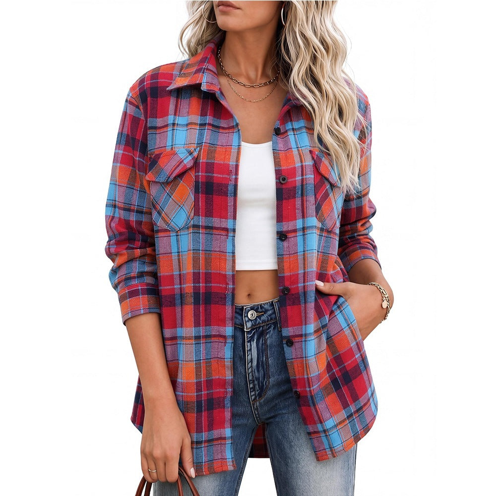Plaid Button Down Pocket Shirt Casual Oversized Top