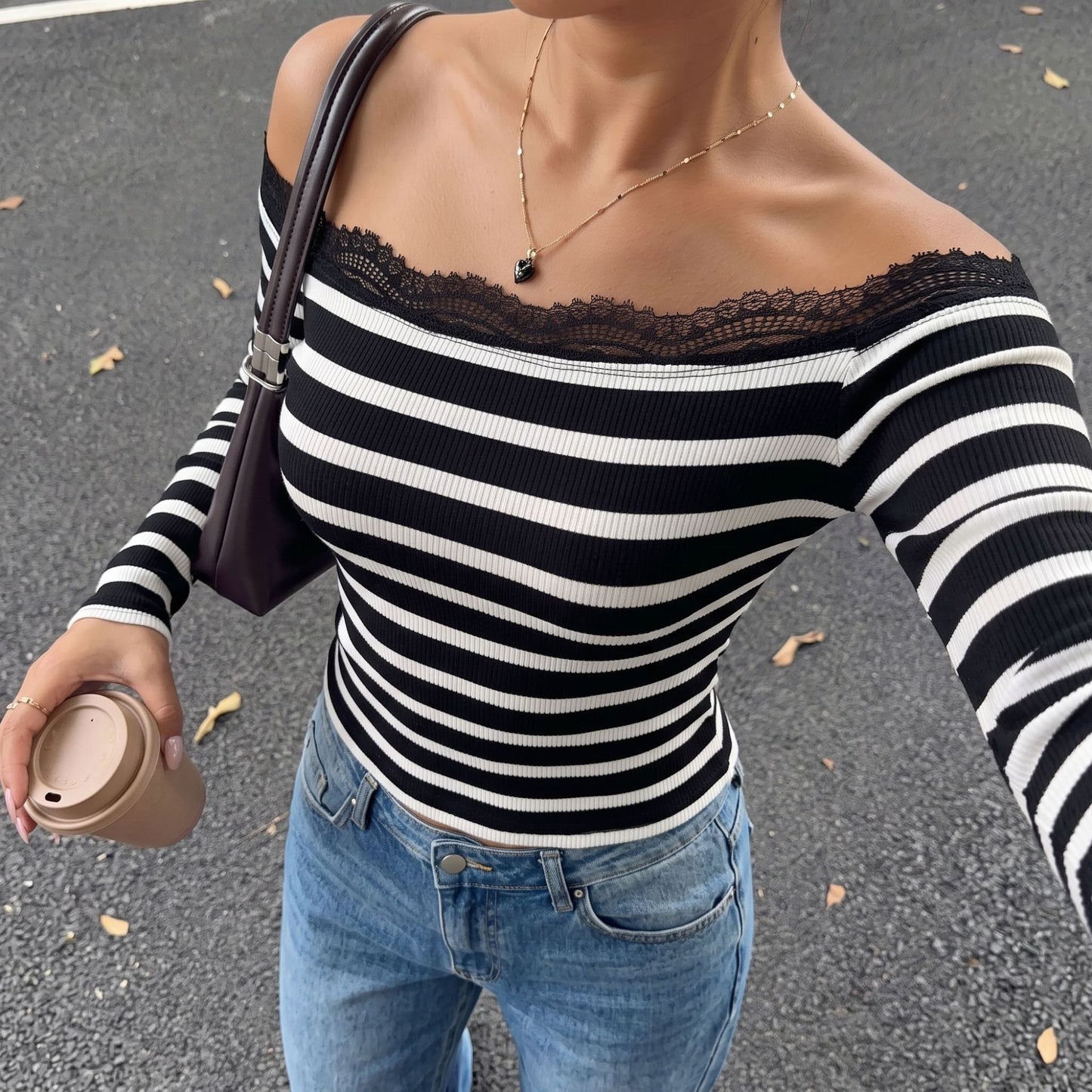 Lace Trim Striped Off Shoulder Knit Top Slim Fit Long Sleeve