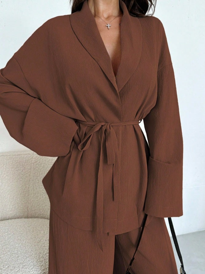 Two Piece Pants Set Wide Leg Belted Blazer Outfit