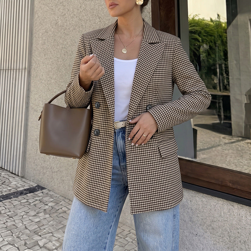 Women's Oversized Houndstooth Double Breasted Blazer
