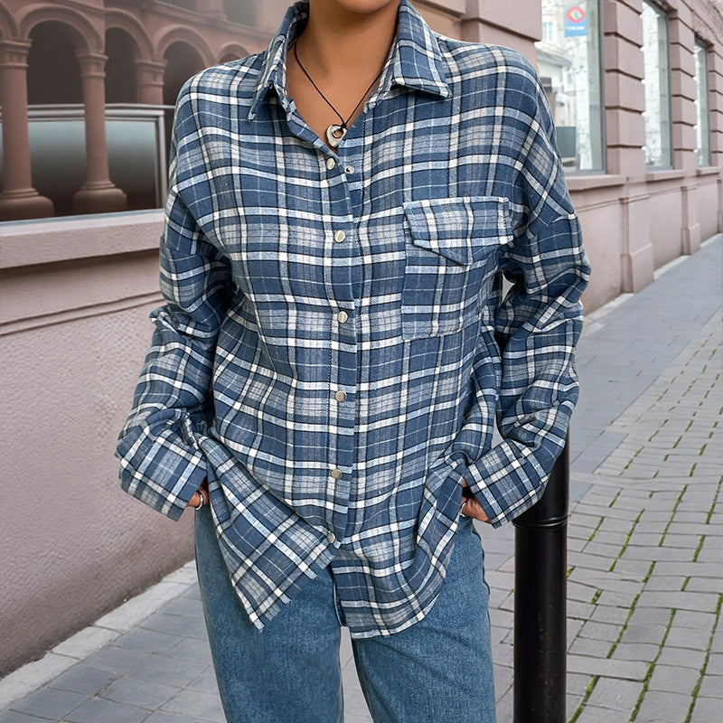 Plaid Button Down Long Sleeve Loose Casual Shirt Jacket