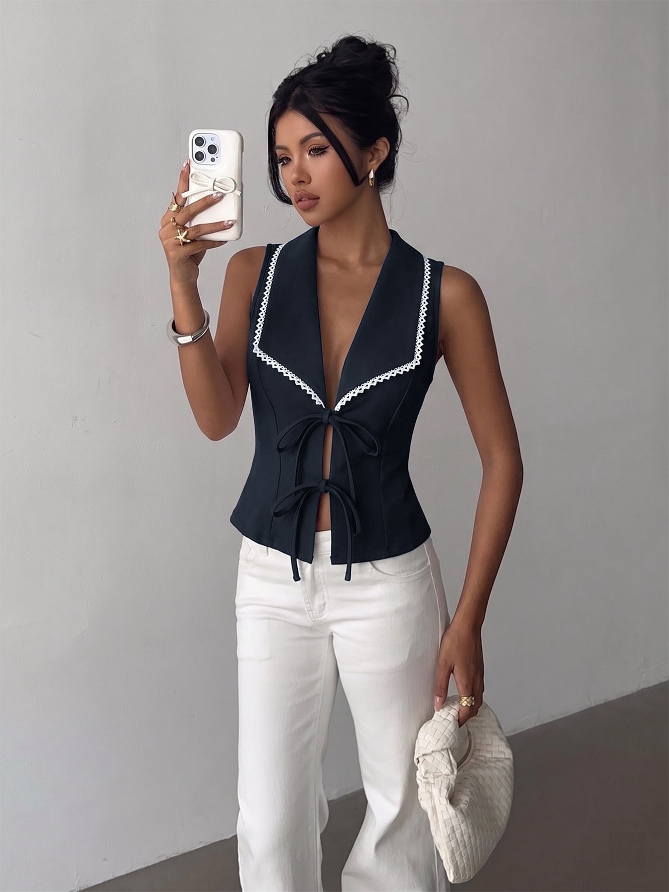 Navy Tie Front Sleeveless Sailor Collar Boutique Top