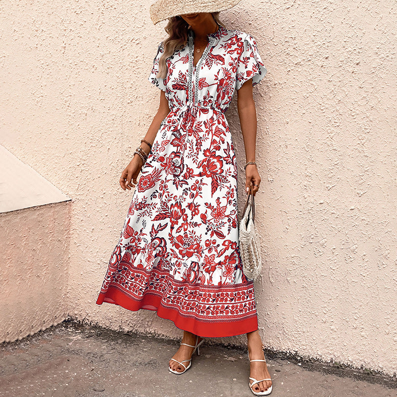 Floral Print Midi Dress Boho V Neck