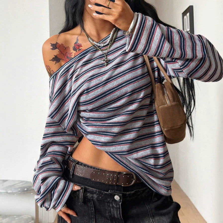 Striped Off Shoulder Oversized Long Sleeve Top