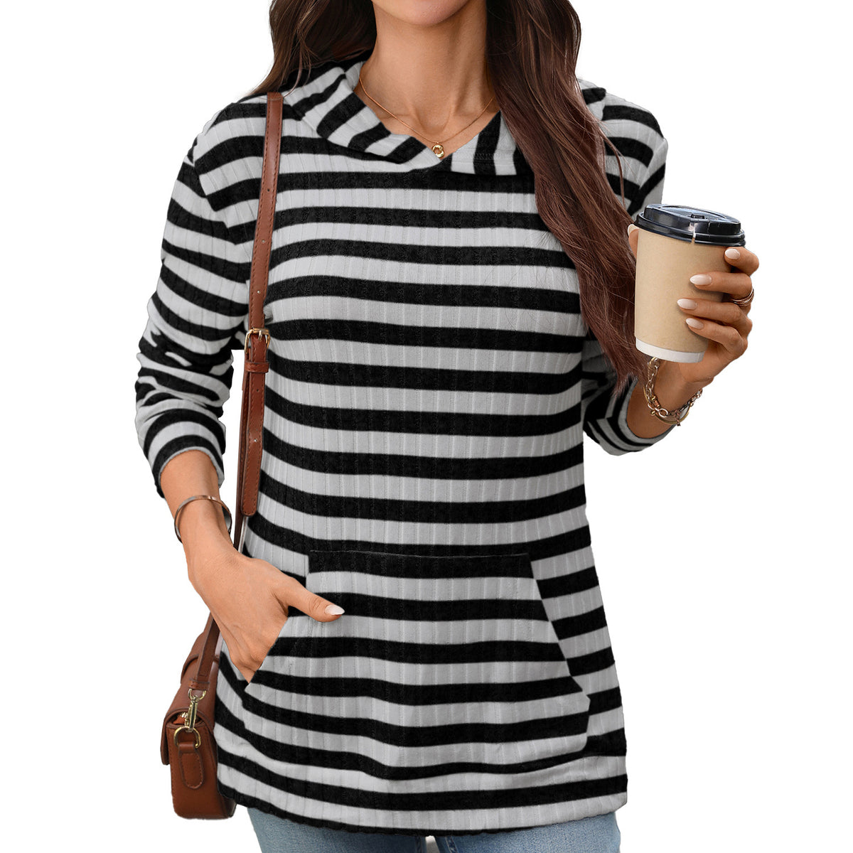Women's Oversized Striped Hoodie Long Sleeve Pocket Tunic