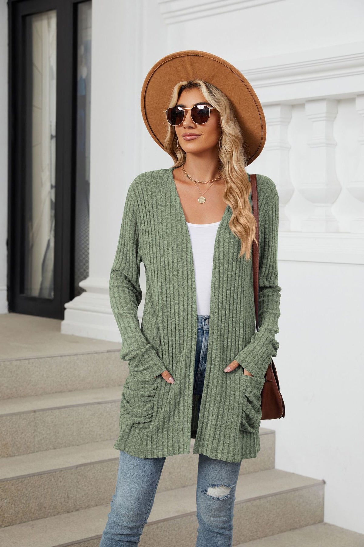 Women's Long Ribbed Open Front Cardigan with Pockets