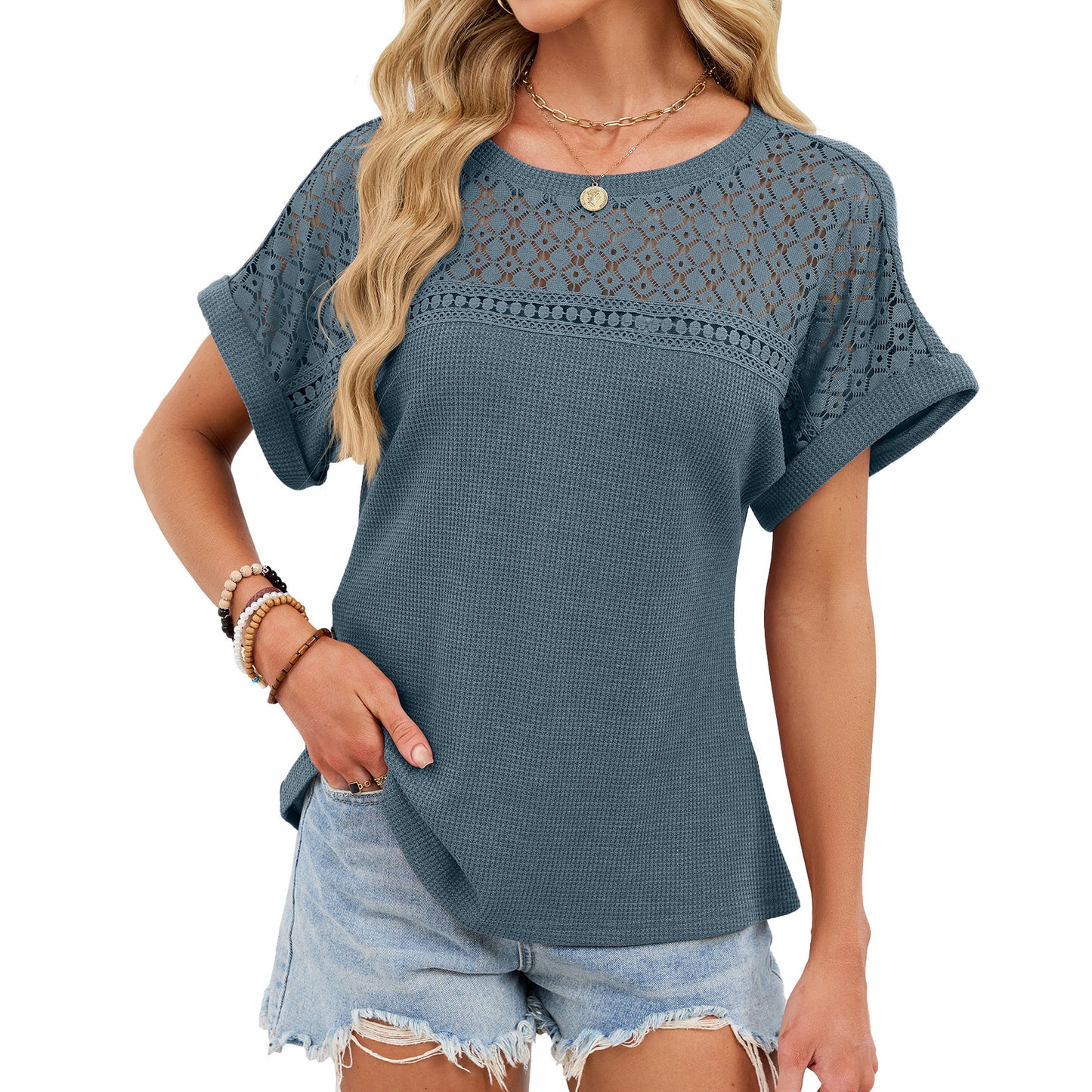 Lace Trim Relaxed Fit Short Sleeve T-Shirt for Women–Spring/Summer 2026