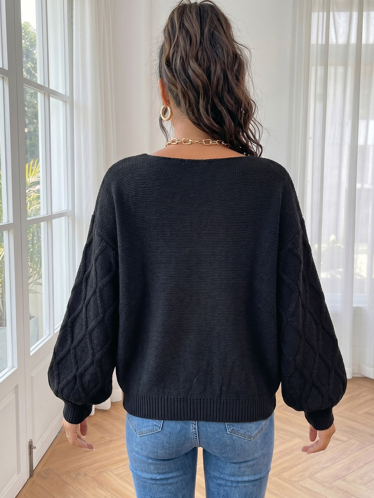 Women's Lace Bow Cable Knit V-Neck Balloon Sleeve Sweater