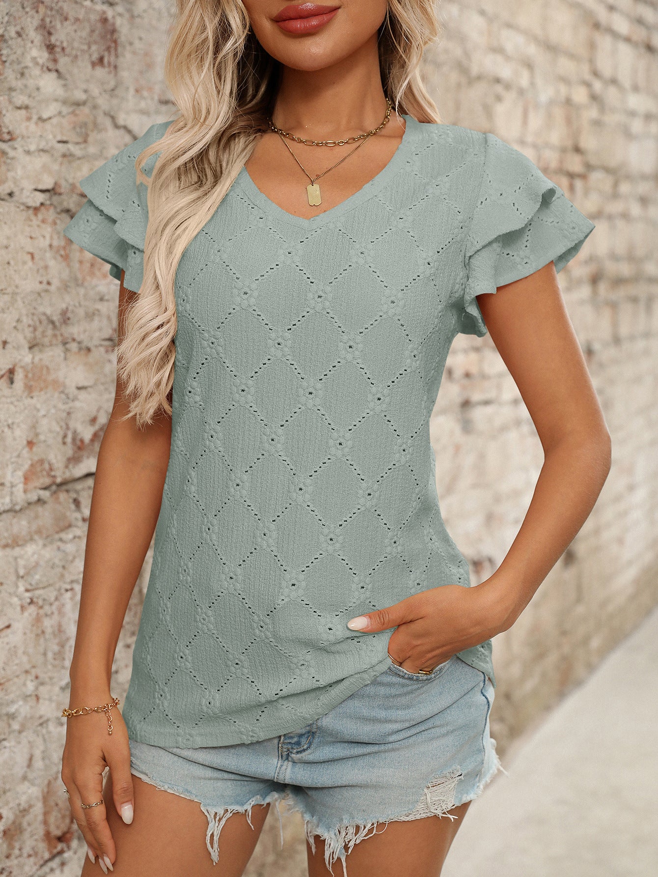 V Neck Eyelet Ruffle Sleeve Knit Summer Casual Top