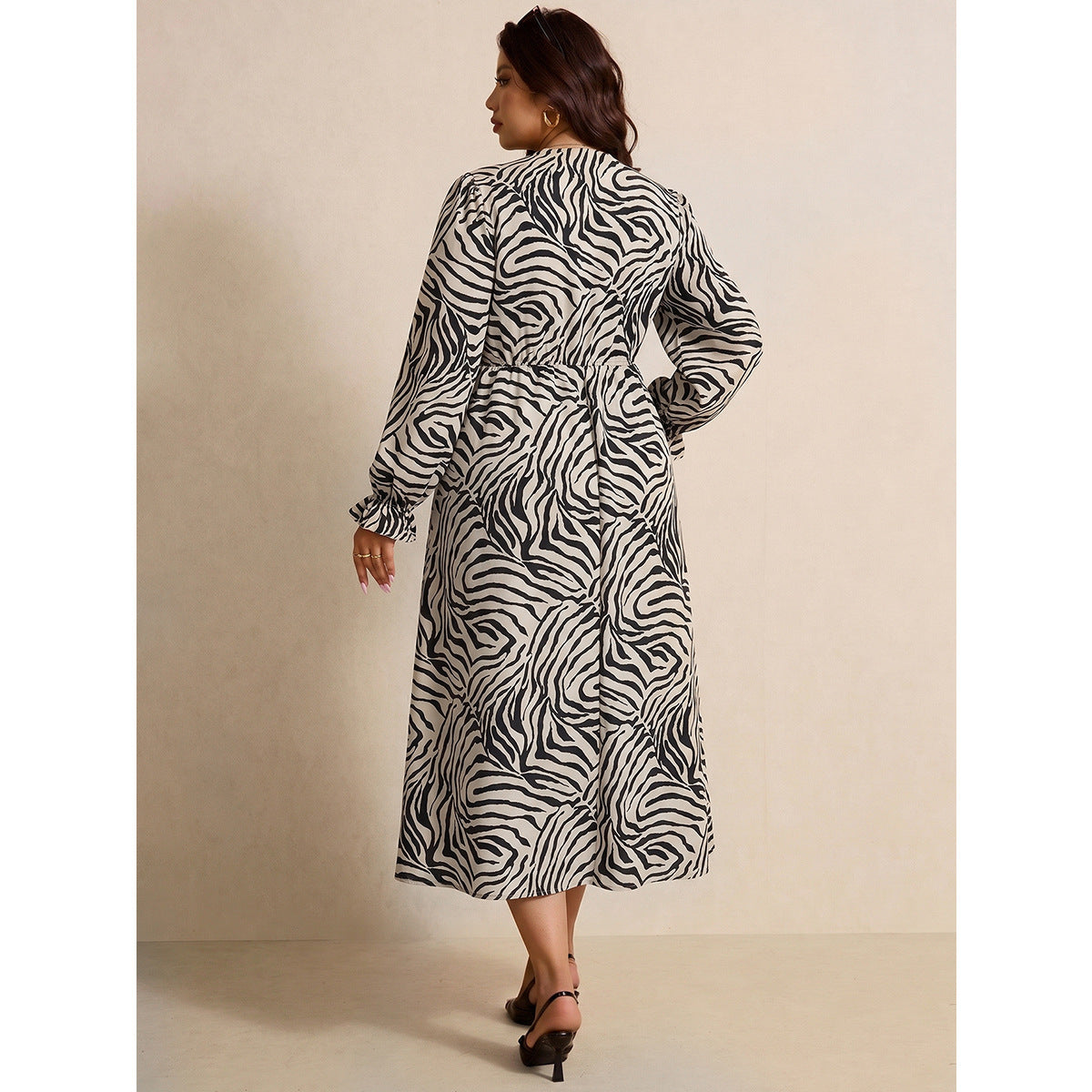 Plus Size Zebra Print V Neck Maxi Dress